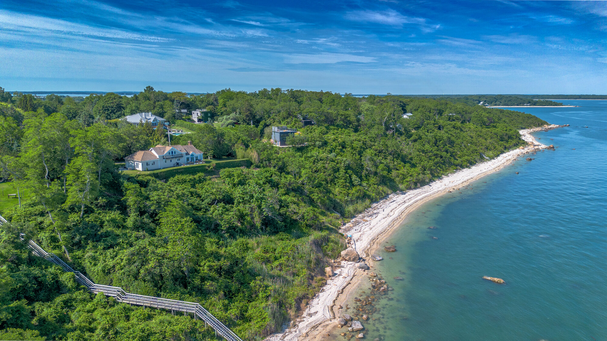 Aerial of the bluff-front point and Long Island Sound at Orient